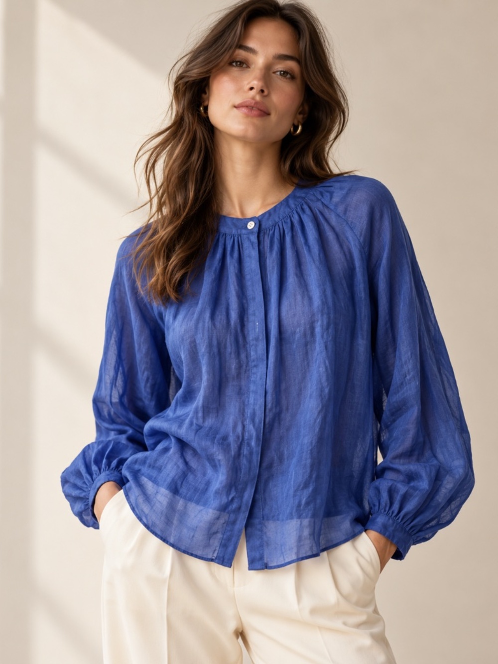 Banana Republic 100% Ramie Balloon Sleeve Blouse Blue Size S